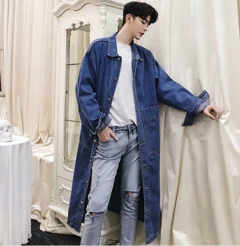 Mens Denim Long Trench Coat Knee Loose 