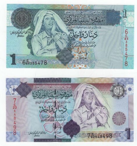 Banconote Libia Due 1 Dinaro Emesse 2002 e 2009 Unc - Foto 1 di 2