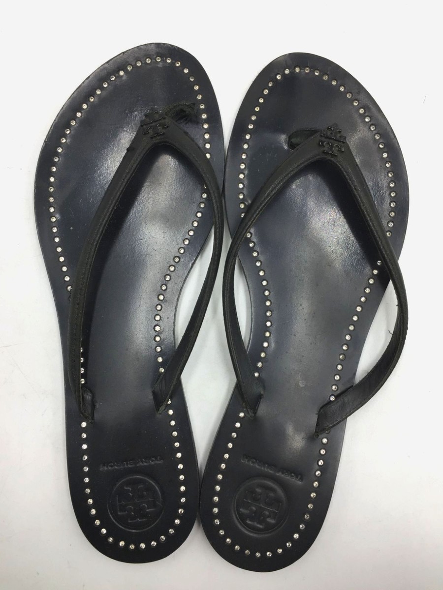 $170 Tory Burch Women's Black Liana Flat Leather Thong Sandals