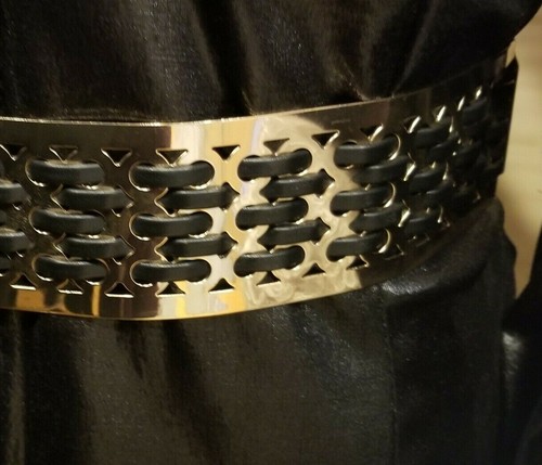 BEBE Black PU leather /gold metal woven wide stretchy elastic belt NEW S-M - Picture 2 of 8
