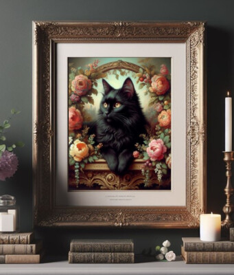 Victorian Country Fluffy Black Cat Spring Flowers Bow Vintage Oil painting art