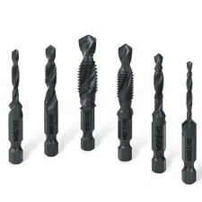 6Pcs 1/4in Hex Shank HSS Screw Thread Countersink Tap Drill Bit Combination Set