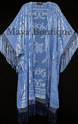 Serenity Blue Fringe Jacket Kimono Duster Silk Burnout Velvet Maya Matazaro  Plus