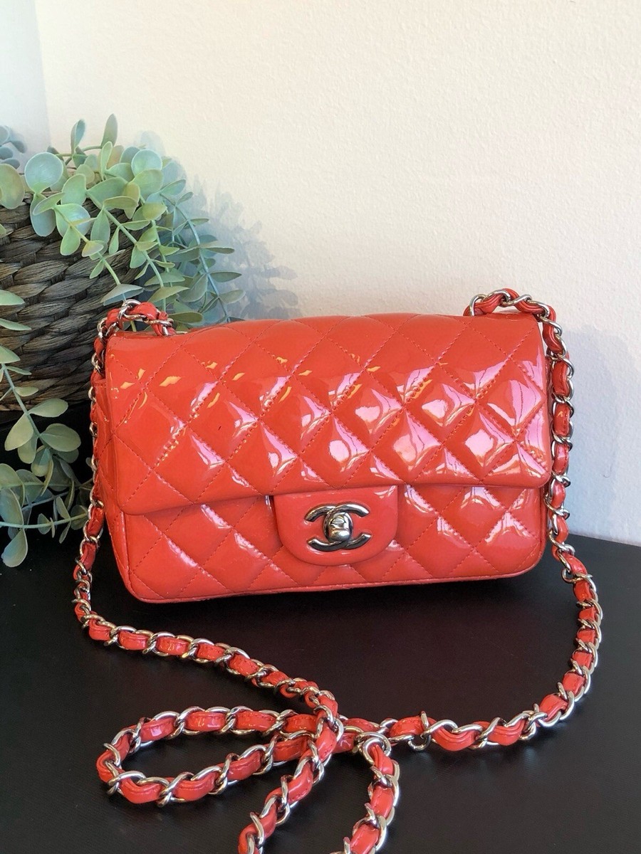 AUTH CHANEL PATENT ORANGE MINI RECTANGLE LEATHER CLASSIC AUTH CHANEL PATENT ORANGE MINI RECTANGLE LEATHER CLASSIC