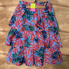 NWT TROPICAL! Tabitha Brown Medium Tropical Print Tiered Midi Skirt Blue