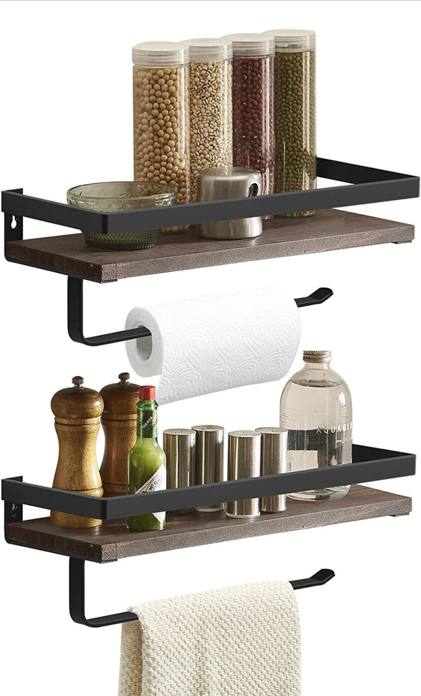 BESy Floating Shelves Wall Mounted Storage Shelves with Towel Bar Brown