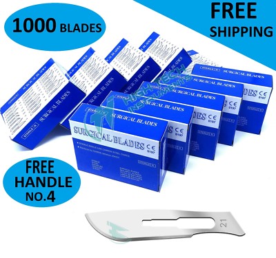 1000 Scalpel Blades #21 Surgical Dental ENT Instruments with Free #4 Handle