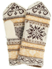Wool Mittens Knit Fair Isle Nordic Warm Folk Soft Mitts Snowflake Beige