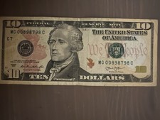 2013 US $10 Federal Reserve Note MG00898798C Double Zero Low Serial Number 