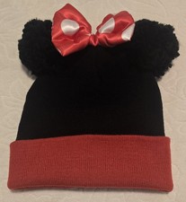Minnie Mouse Pom Pom Ears Winter Hat With Bow One Size Red Black New Disney