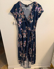 Fortune + Ivy Blue Floral Wrap Dress V-Neck Cap Sleeve Midi, M