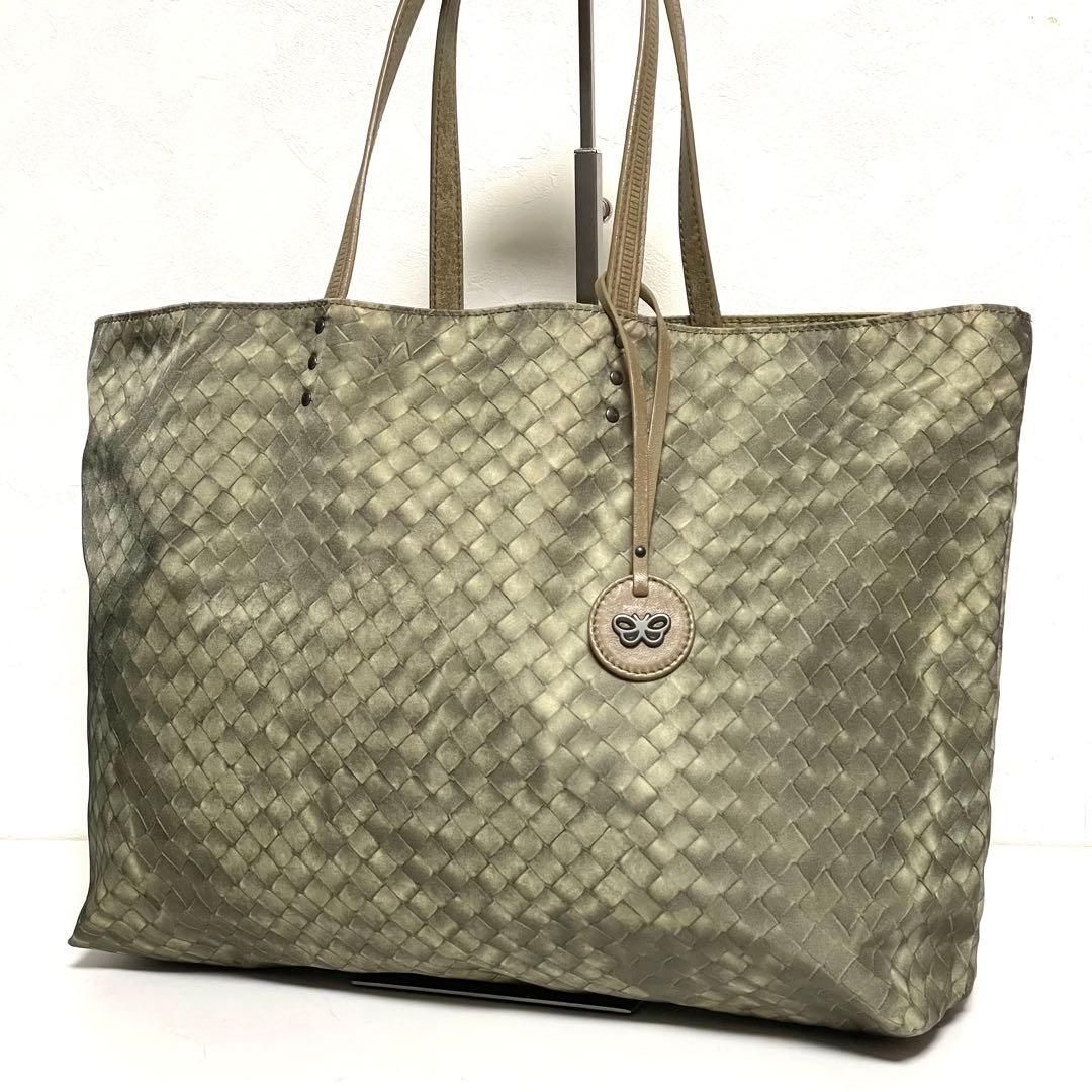 Bottega Veneta Intrecciato Nylon Leather Tote Bag Khaki Good Condition