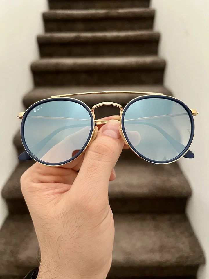 NUEVO Gafas de sol Ray-Ban Round Double Bridge RB3647N 51-22 - Dorado/Azul Flash Foto 3 de 4