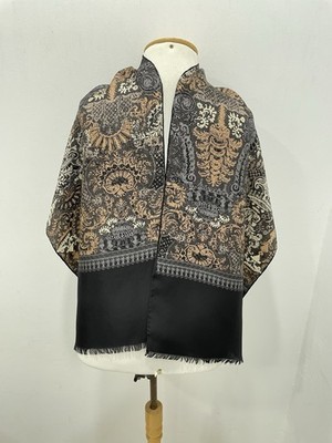 Y1# Codello Silk Scarf Black Beige Baroque Paisley Print Fringe Wrap