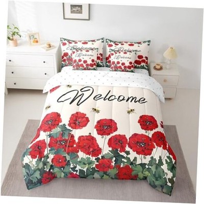  Red Farmhouse Flower Bedding Set Full Spring Bee Full(7-Pieces) Red Green