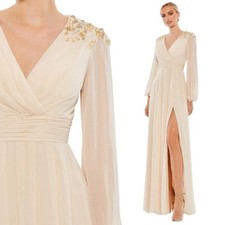 Mac Duggal Ieena Embellished Shoulder Long Sleeve Chiffon Gown
