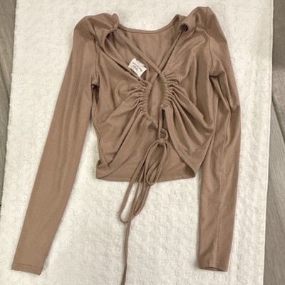 Find Me Now Beige Knit Cropped V Neck Long Sleeve Ruched Tie Blouse S