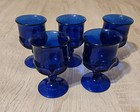 5 Vintage Cobalt Blue Indiana King’s Crown Drinking Glasses Goblets Thumbprint