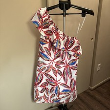 J. Crew Linen Blend One Shoulder Ruffle Dress Tropical Leaf Print Size L Lined