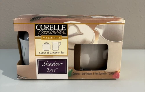 Corelle CREAM & SUGAR Coordinates "SHADOW IRIS" Creamer & Sugar Bowl w/Lid - NOS