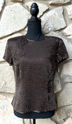 Vintage Oleg Cassini Black Tie Sequin Top Size Small Black Bronze Seed Beads
