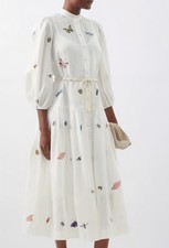 ZIMMERMANN Butterfly-Embroidered Linen Midi Belted Ivory Shirt Dress Sz 1 Defect