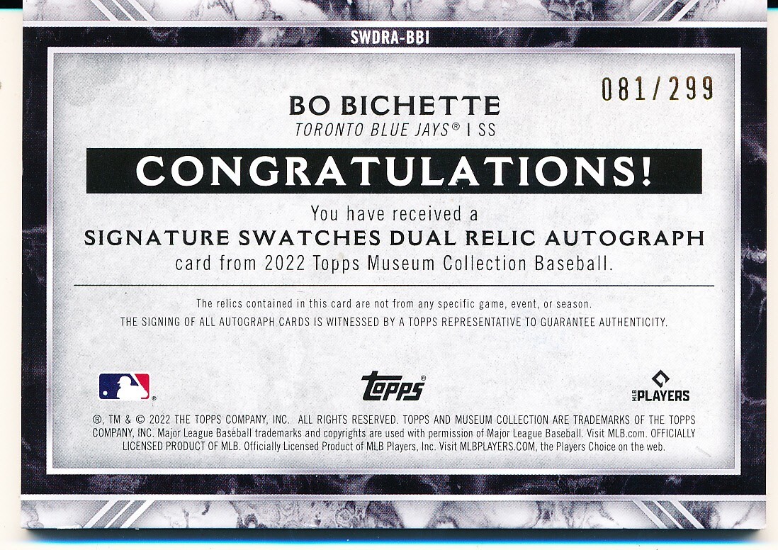 2022 Topps Museam Collection Bo Bichette Signature Swatches