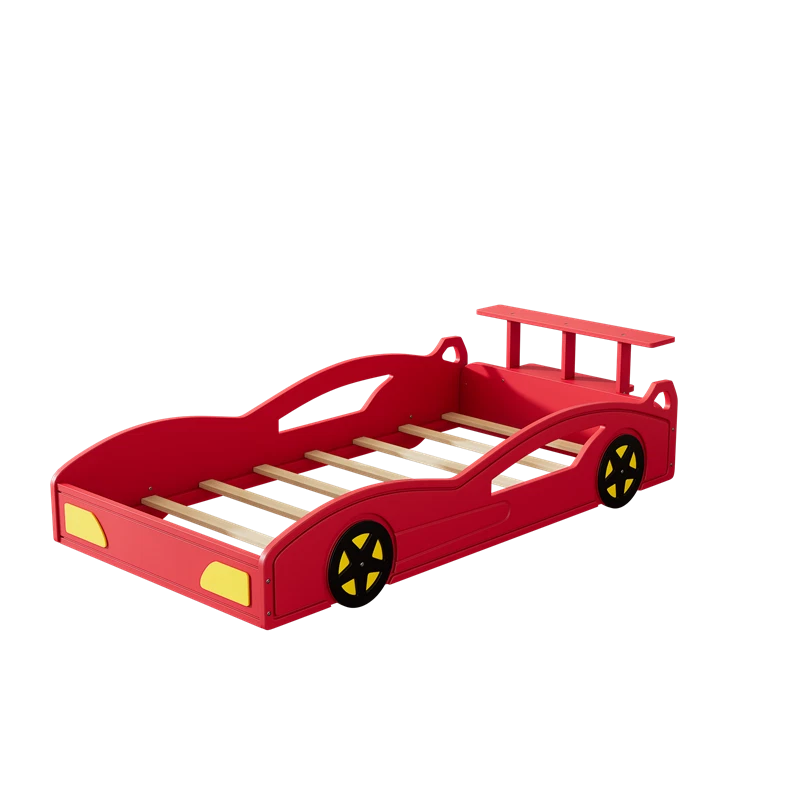 Cama de solteiro plataforma em forma de carro de corrida de madeira com rodas para criança - Imagem 3 de 4