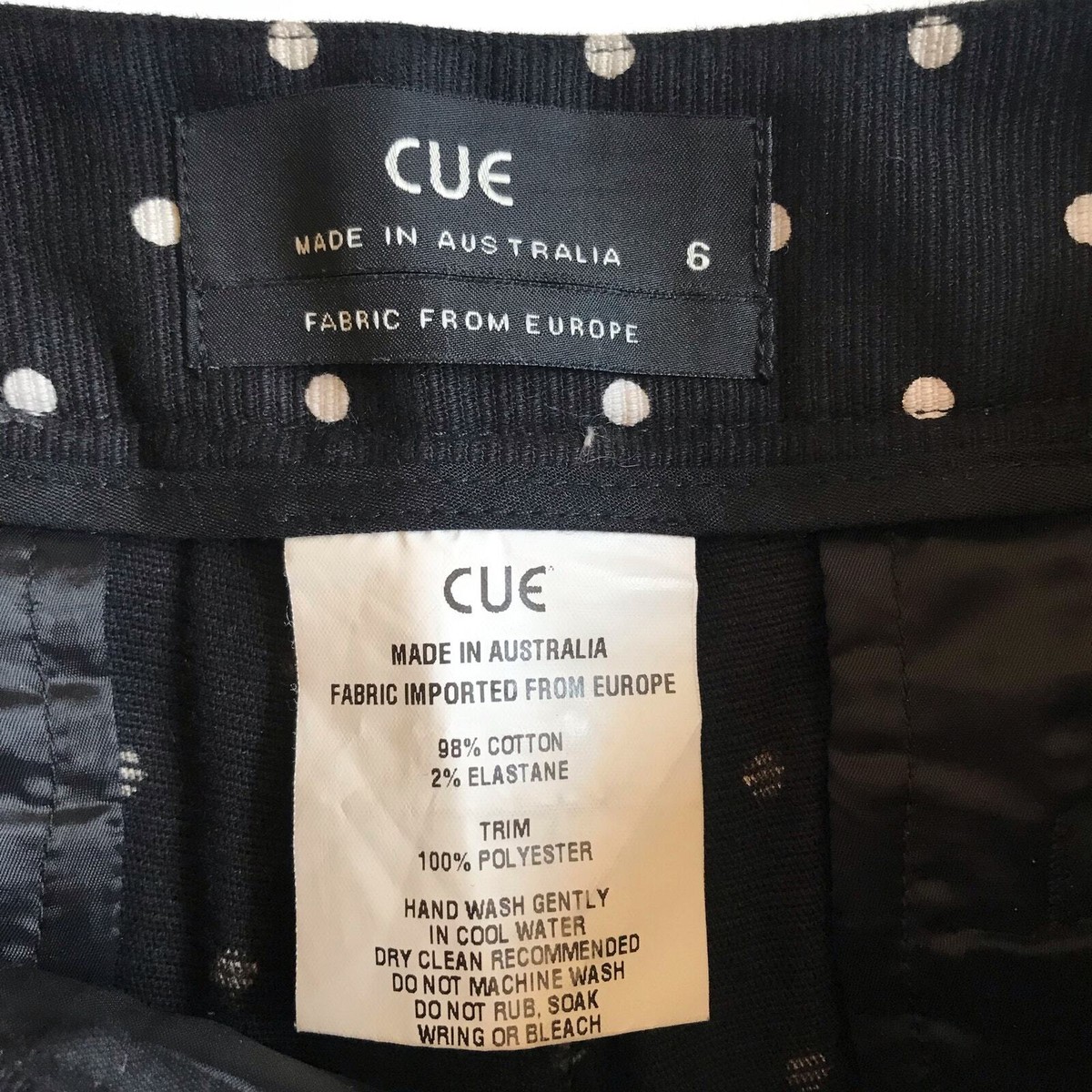 Cue Australia Black Straight Leg Pants White Polka Dots Size 6 EUC Cigarette 