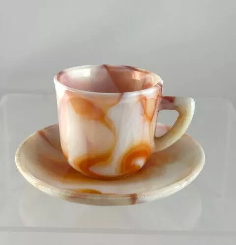 VINTAGE AKRO AGATE SLAG GLASS DEMITASSE CUP & SAUCER in Orange Slag