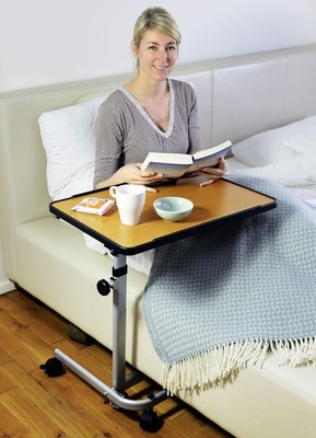 White Height-Adjustable Comfort Bed Table:WithWheels, Foldable, 15kgLoadCapacity