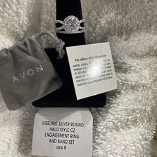 2PC Sterling Silver Cz Round Halo Wedding Band Engagement Ring Set Size 8
