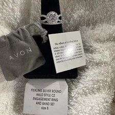 2PC Sterling Silver Cz Round Halo Wedding Band Engagement Ring Set Size 6