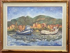 Marina con pescherecci olio su tela cm 50x70 + passepartout e cornice firmato
