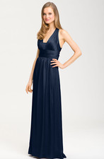 JS BOUTIQUE Pleated Satin Chiffon Halter Gown Size 12 Dark Navy
