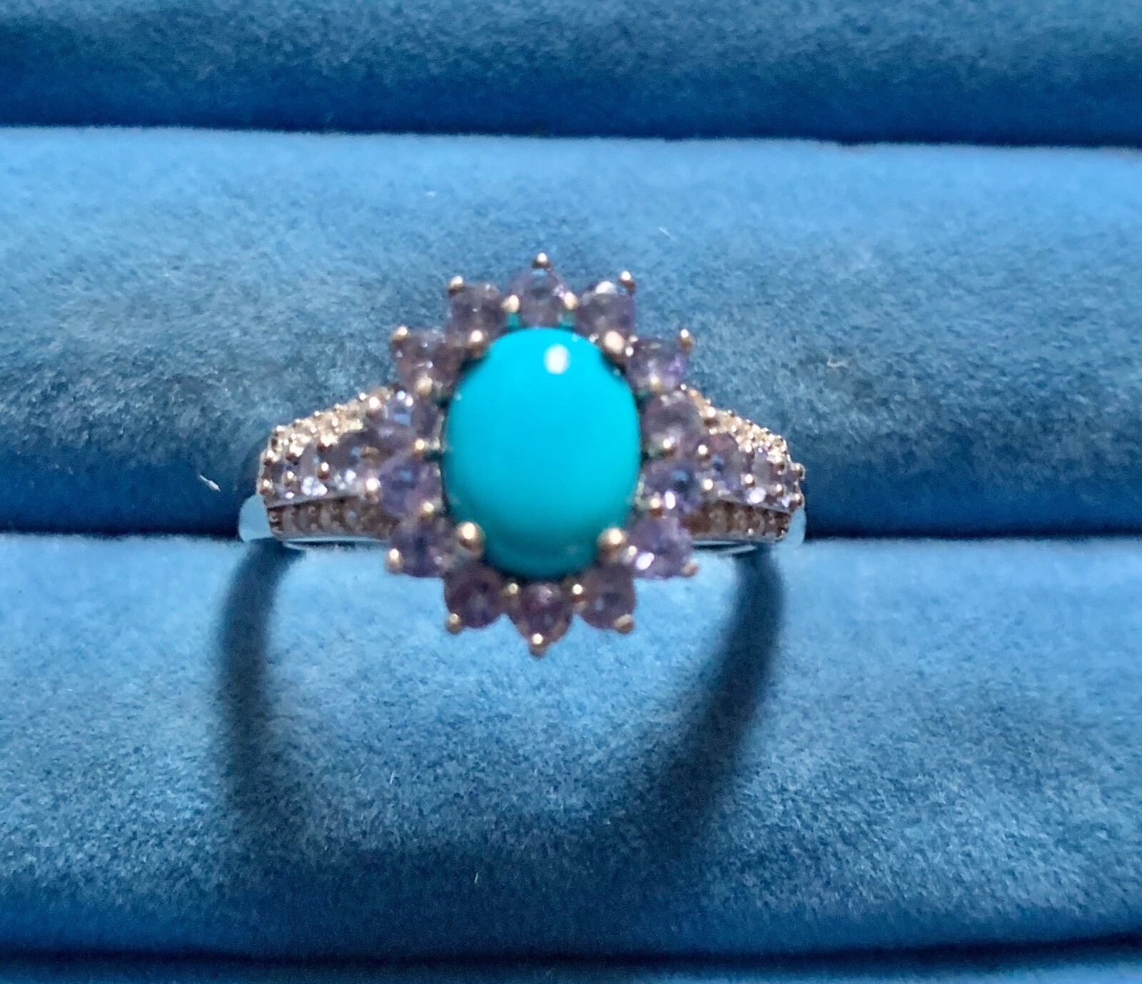 Sleeping Beauty Turquoise, Tanzanite, White Zircon Sunburst Ring - Size 10