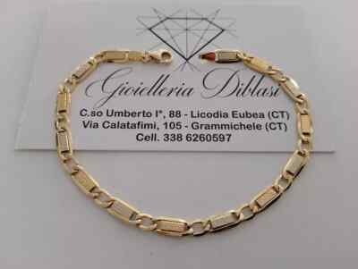 18K YELLOW WHITE GOLD BRACELET GOURMETTE ALTERNATE FLAT PLATES SQUARE LINKS 7.9''
