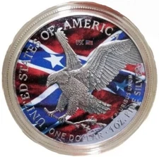 2022 1 Oz Silver $1 US N CONFEDERACY FLAG EAGLE Antique Finish Colored Coin.