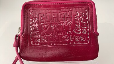 COACH Women's Leather Pouch Dark Pink with Handle Strap 4.3 x 5.4