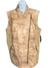 Nygard Vest Women 1x Beige Zip Front & Pockets Faux Leather Stretch Sides Lined