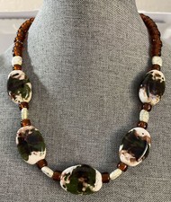 NECKLACE Beautiful Ceramic Green Brown Beige Beads Brown Silver Accent Beads