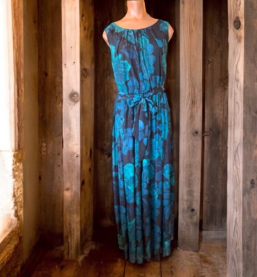 ALEXA B NITES Blue Green Teal Black L Rose FLORAL Long Shimmer MAXI DRESS  10/12 | eBay