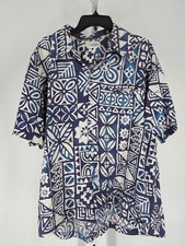 Vintage 70s Hawaiian Aloha Shirt Andrade Blue Geometric Tiki Mod 44" Loopneck