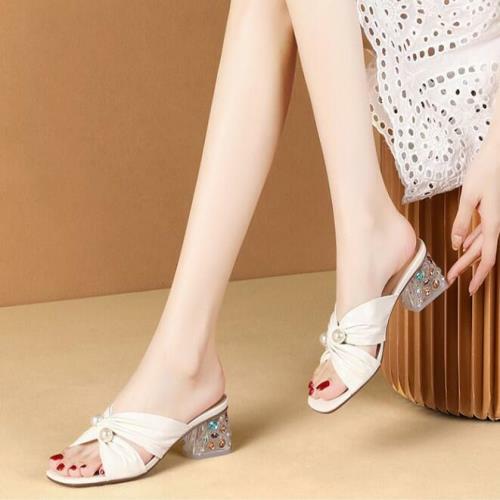 PANTOFOLA D’ORO Womens Fashion Summer Peep Toe Pearls Ruched Slippers Pumps Mid Heels Sandals HP