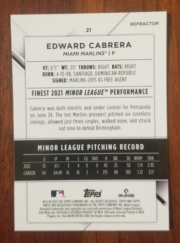 Edward Cabrera RC 2022 Topps Finest Rookie Refractor Baseball Card - Picture 2 of 2
