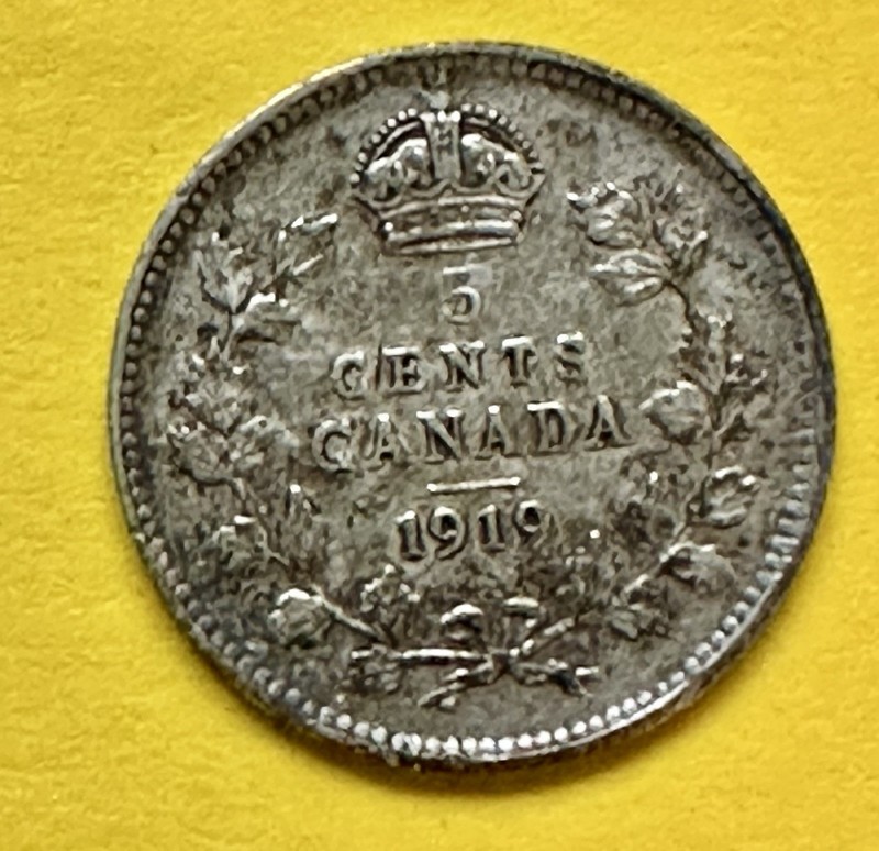 1919 Canada Five Cent George V. 92.5% Silver. Fine Condition. Charity Auction. ￼