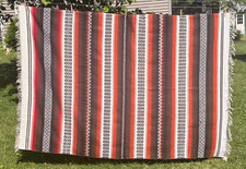 Vintage Mexican Serape Blanket Rug Throw Fringe Red Brown Black 59x80