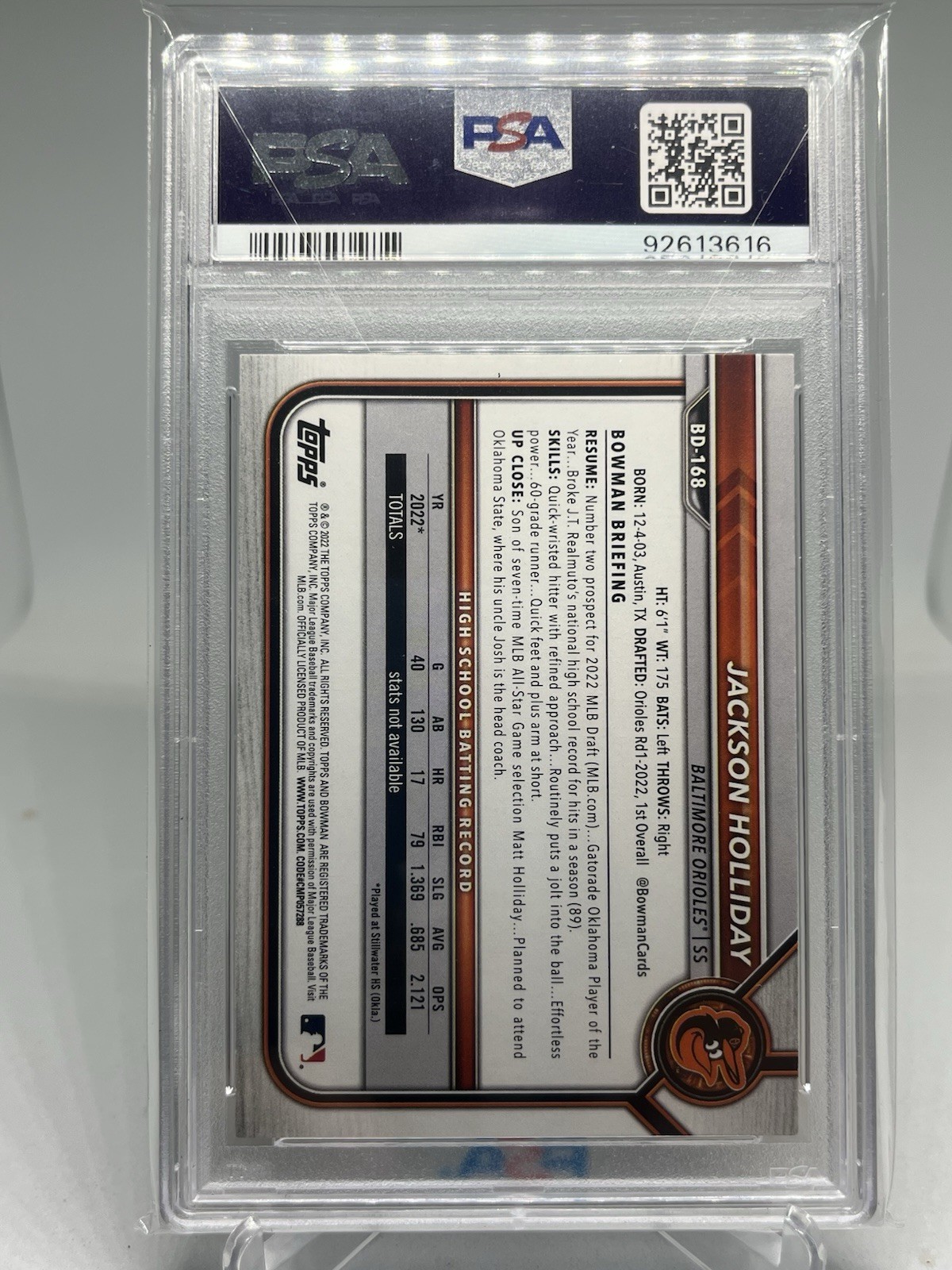 2022 Bowman Draft Bowman 1st Jackson Holliday Baltimore Orioles #BD168 PSA 10 view 2