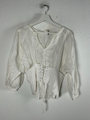 Anthropologie Akemi + Kin Womens Linen White Corset Balloon Sleeve Blouse Size 6