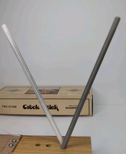 Vintage Crock Stick Knife Scissor Sharpener Two Stage 2 Rods Wood Base With Box - Picture 2 of 6